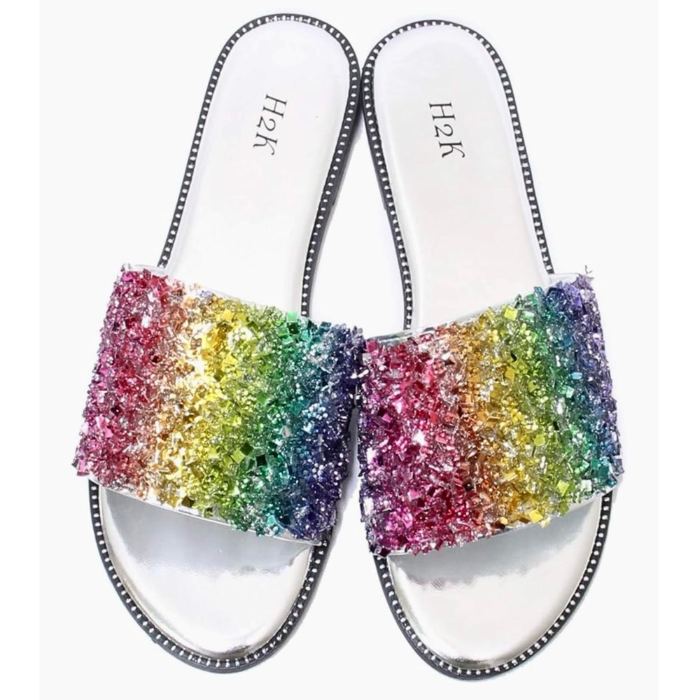 Beaded Sparkly Slides Sandals Rainbow Colorful Women's Shoes Flip Flops Size 7